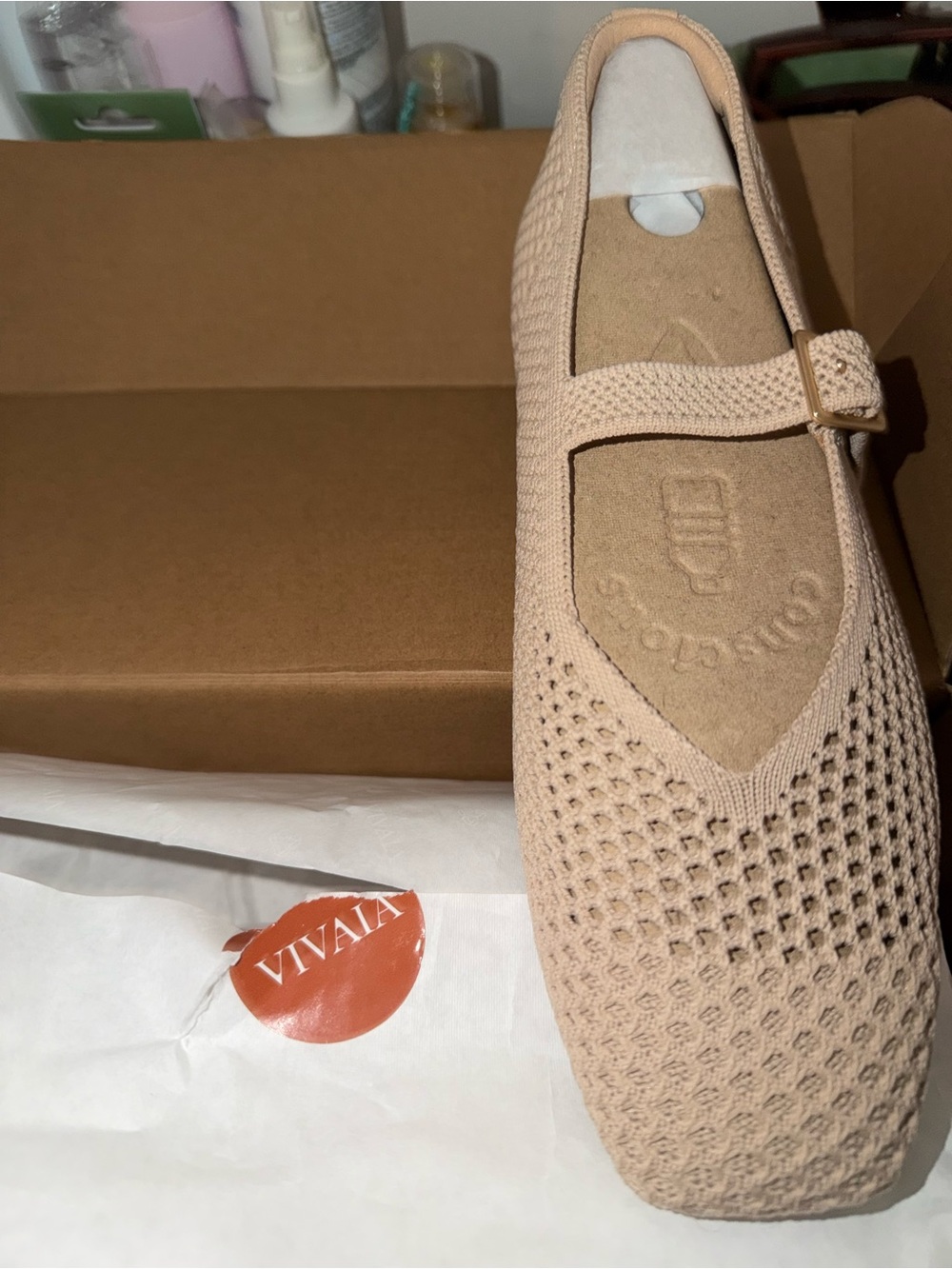 Vivaia Knit Mary Jane Flat in Nude Beige